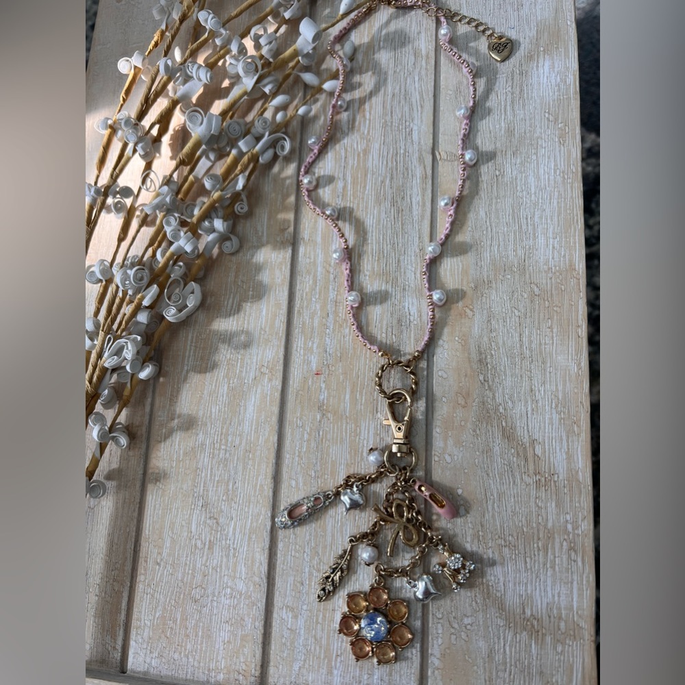 Betsy Johnson faux pearl rhinestone ballerina dance charms necklace